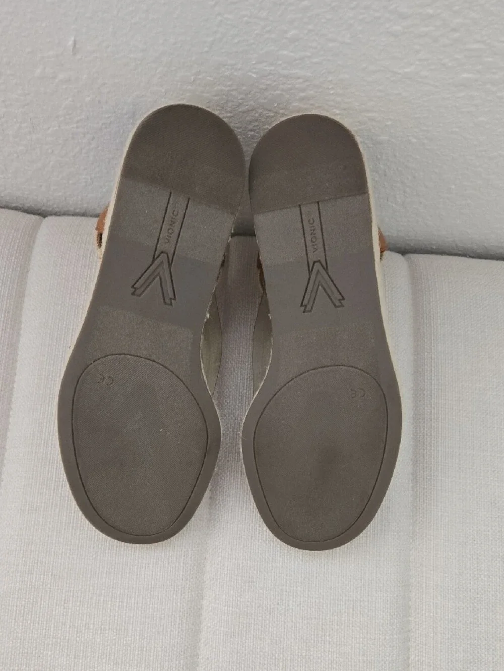 Vionic Brown & Beige T-Strap Slingback Wedge Sandals